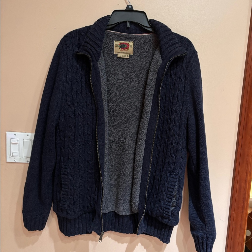 Boston Traders Navy Cable-Knit Full-Zip Sweater with Gray Sherpa Lining